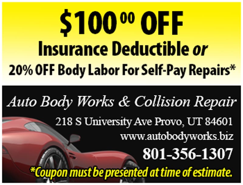 Coupon for $100 off insurance deductible or 10% Off body Labor For Self-Pay Repairs - Coupon must be presented at time of estimate